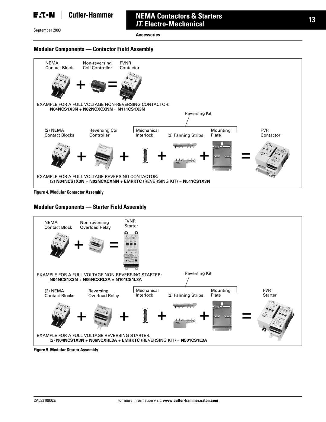 Eaton Electrical CA03310002E manual Modular Components Contactor Field Assembly, Modular Components Starter Field Assembly 