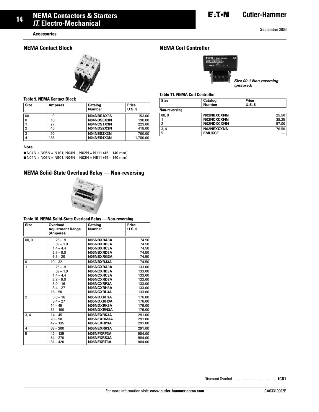 Eaton Electrical CA03310002E manual Nema Contact Block, Nema Solid-State Overload Relay Non-reversing 