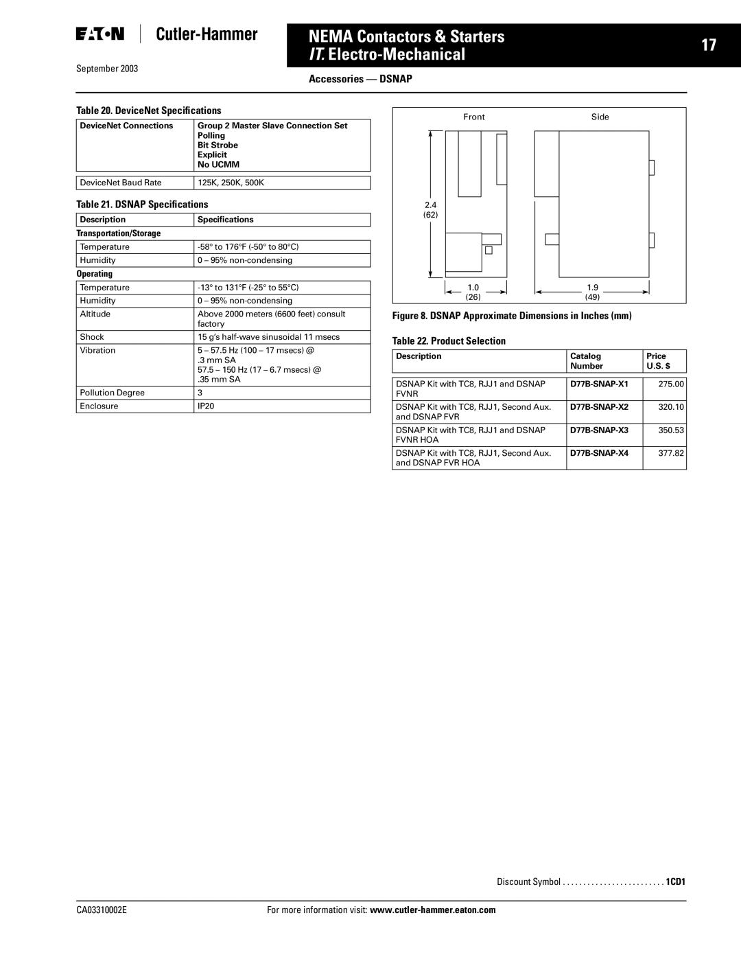 Eaton Electrical CA03310002E manual DeviceNet Speciﬁcations, Dsnap Speciﬁcations, Product Selection, Transportation/Storage 