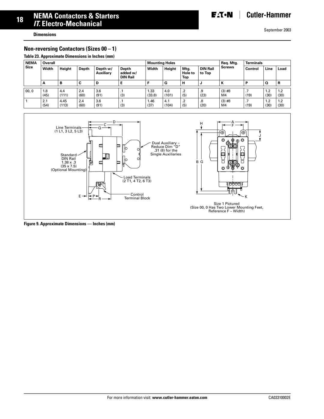 Eaton Electrical CA03310002E manual Non-reversing Contactors Sizes 00, Auxiliary Added w Hole to To Top DIN Rail 