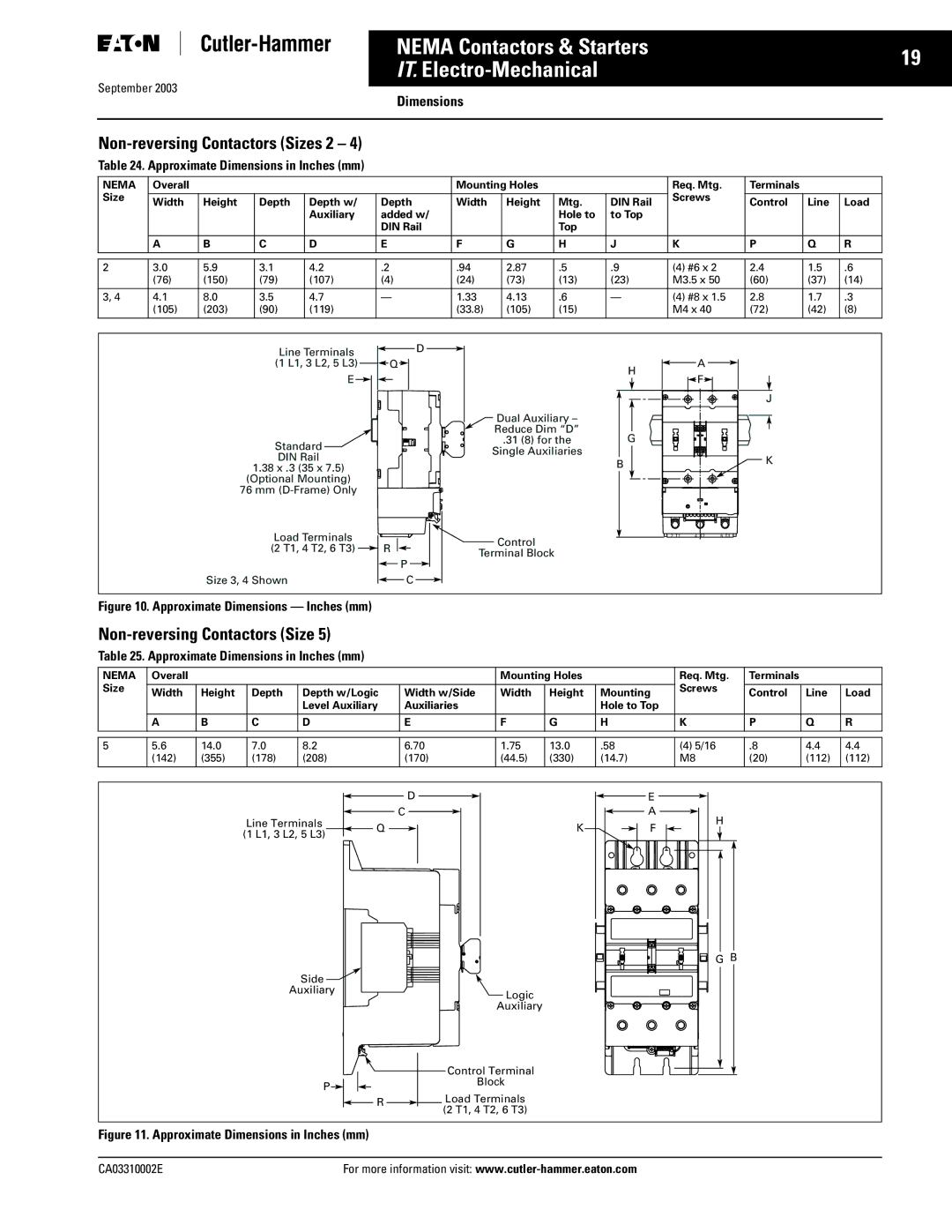 Eaton Electrical CA03310002E manual Non-reversing Contactors Sizes 2, Approximate Dimensions in Inches mm 