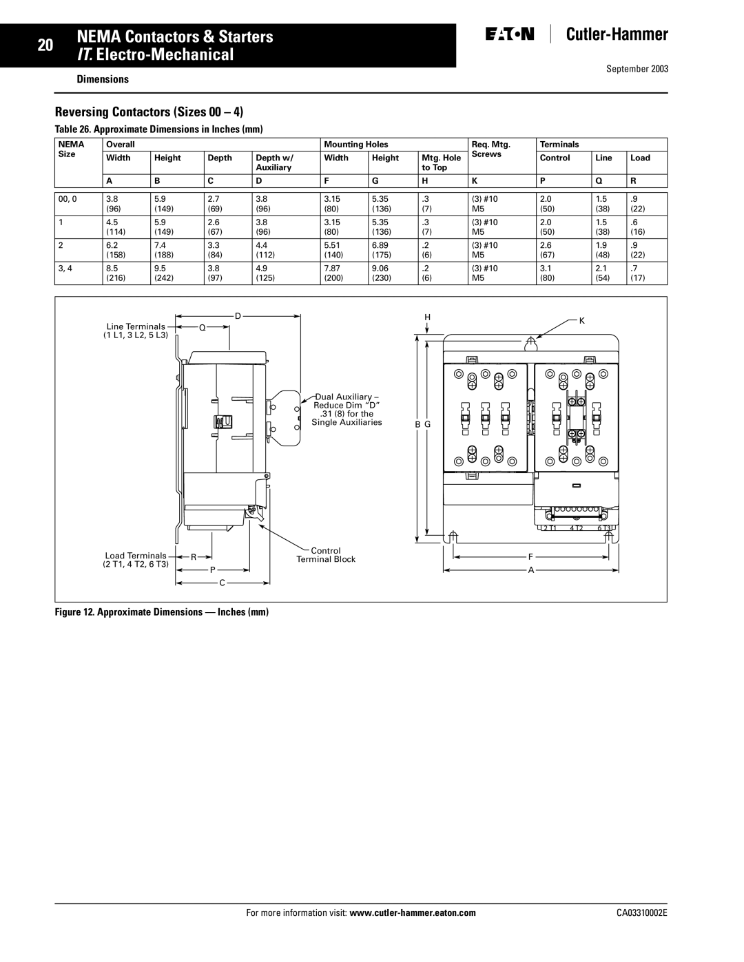 Eaton Electrical CA03310002E manual Reversing Contactors Sizes 00 