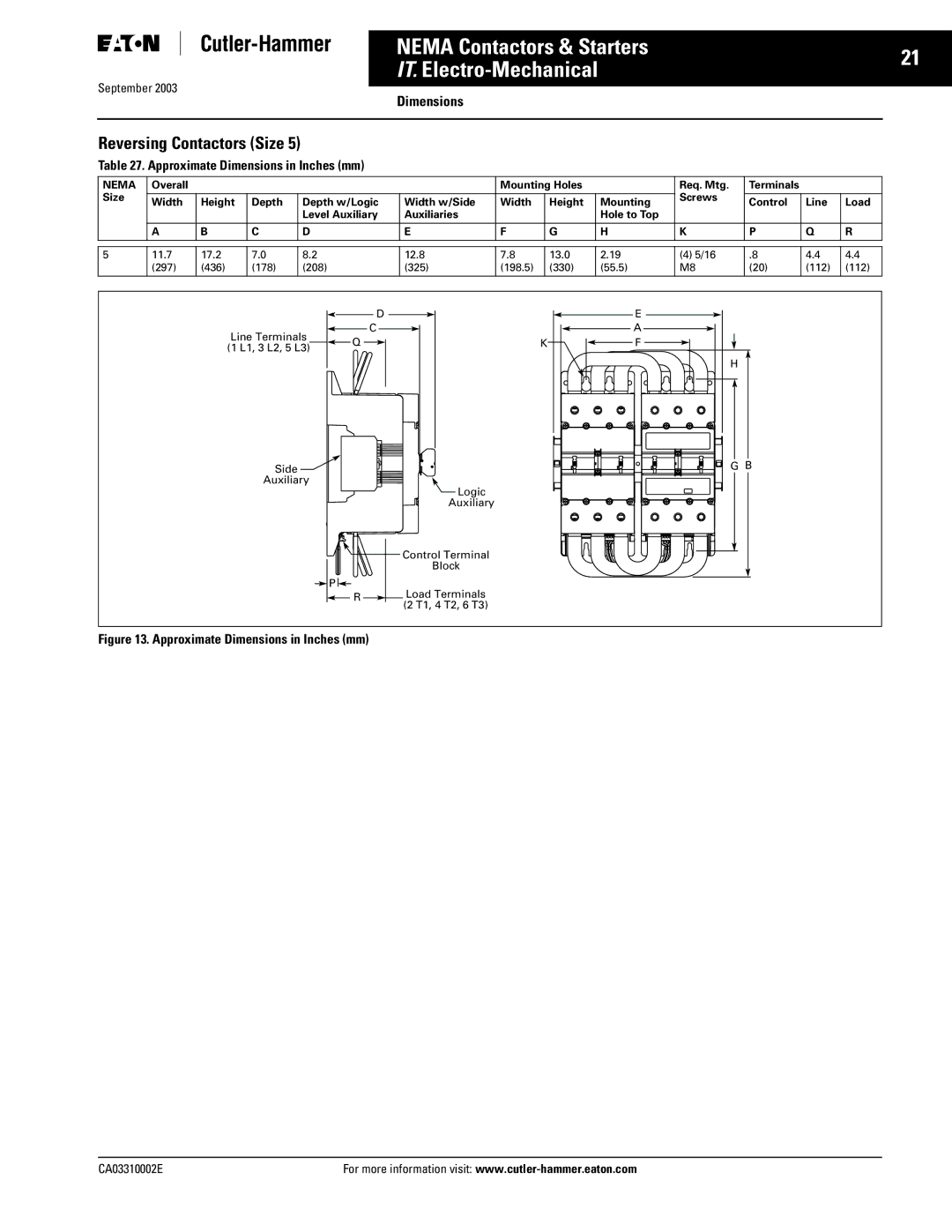 Eaton Electrical CA03310002E manual Reversing Contactors Size 