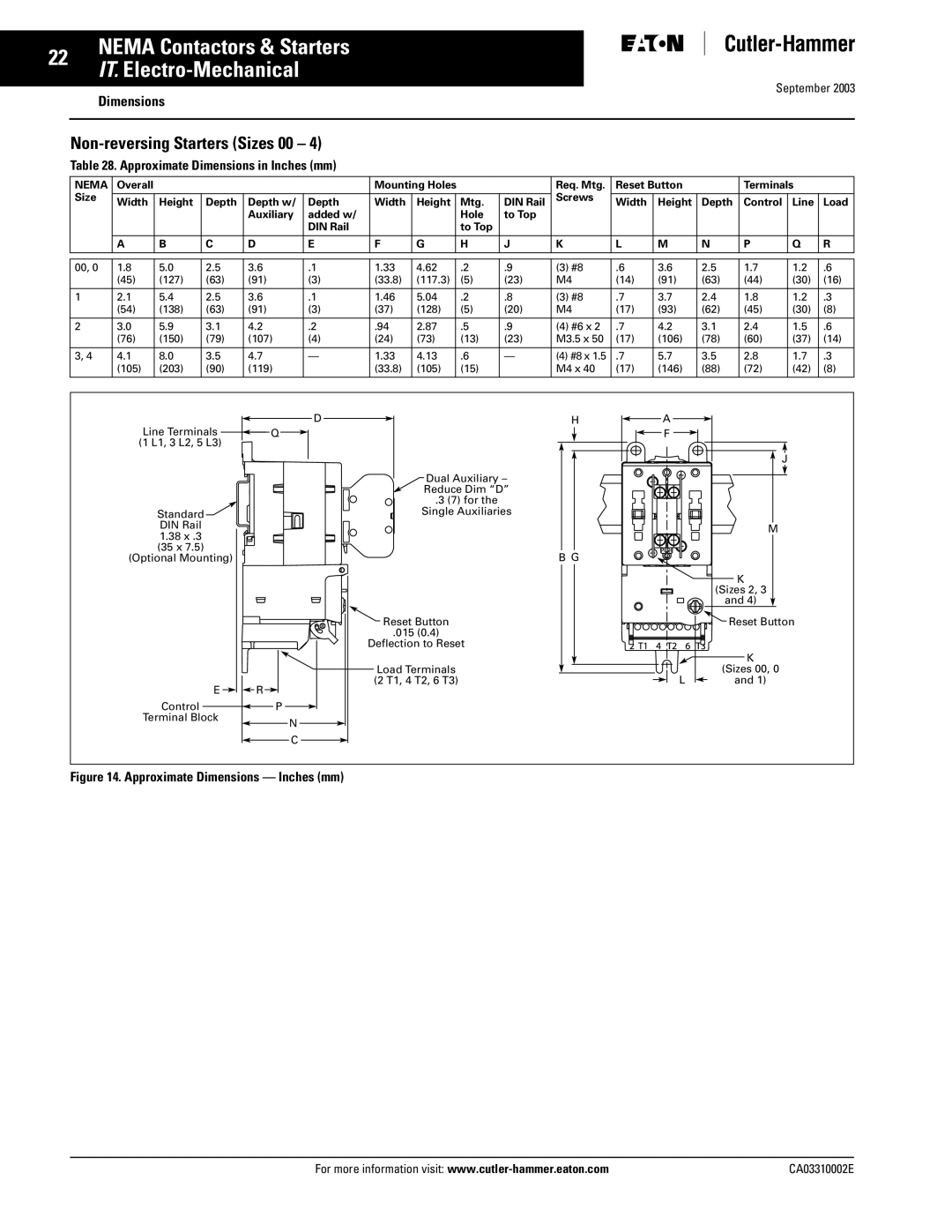 Eaton Electrical CA03310002E manual Non-reversing Starters Sizes 00 