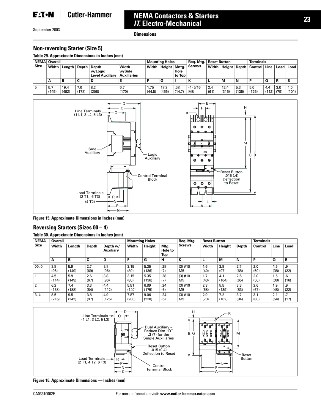 Eaton Electrical CA03310002E manual Non-reversing Starter Size, Reversing Starters Sizes 00, Overall, Auxiliary Hole to Top 