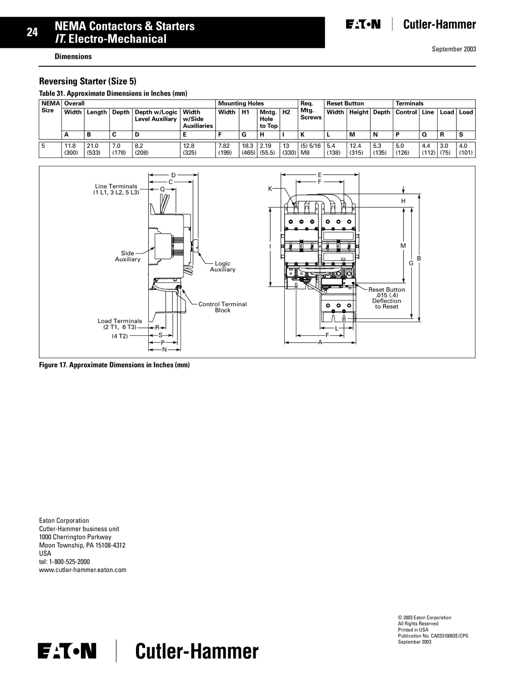 Eaton Electrical CA03310002E manual Reversing Starter Size 