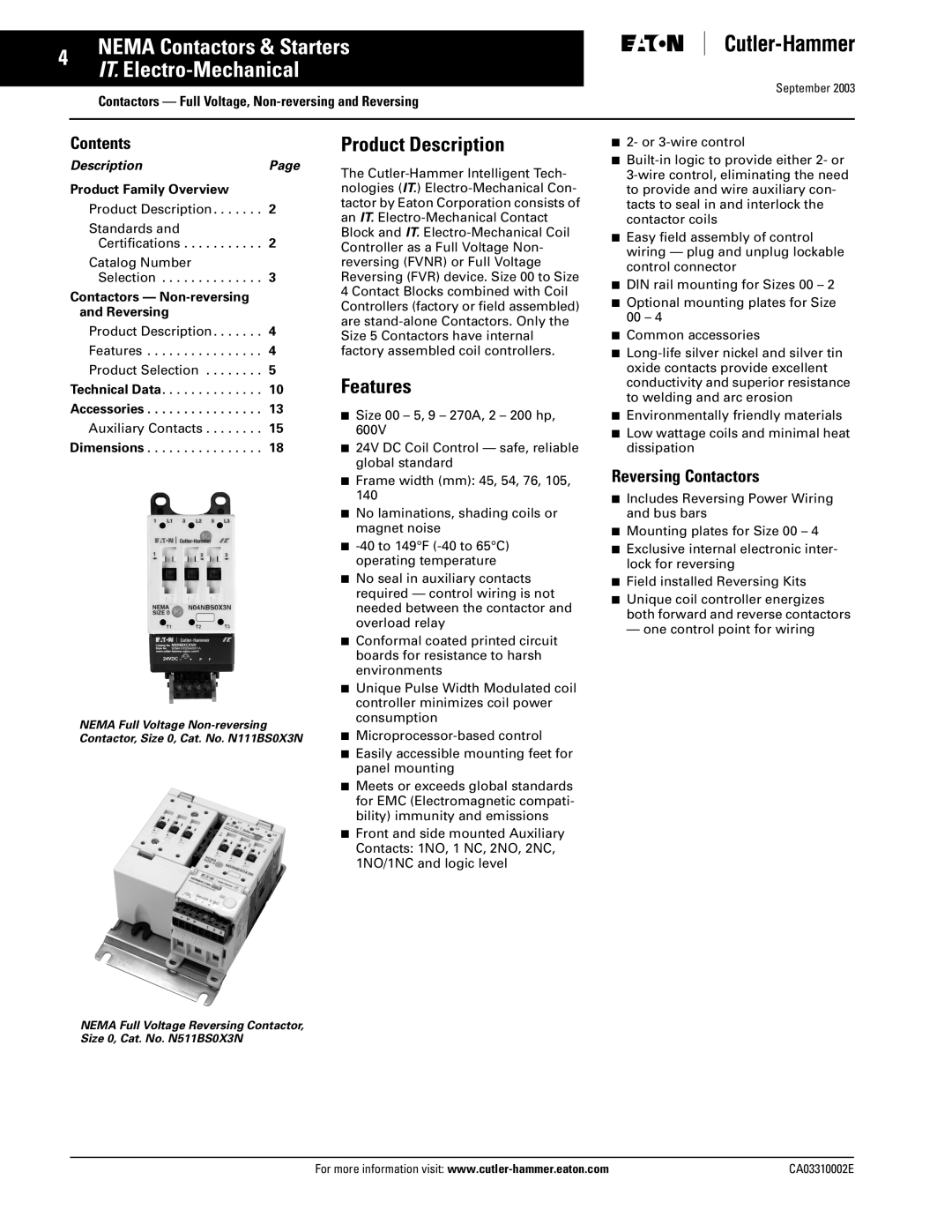 Eaton Electrical CA03310002E manual Features, Contents, Reversing Contactors 