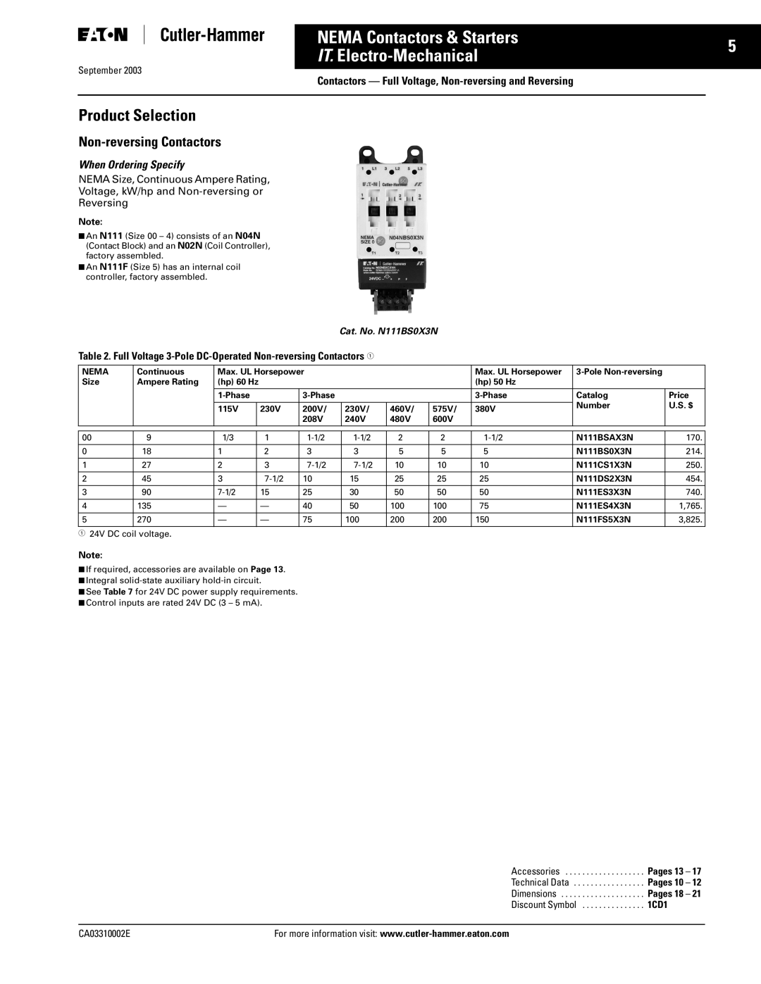 Eaton Electrical CA03310002E manual Product Selection, Non-reversing Contactors, Nema, N111BSAX3N 