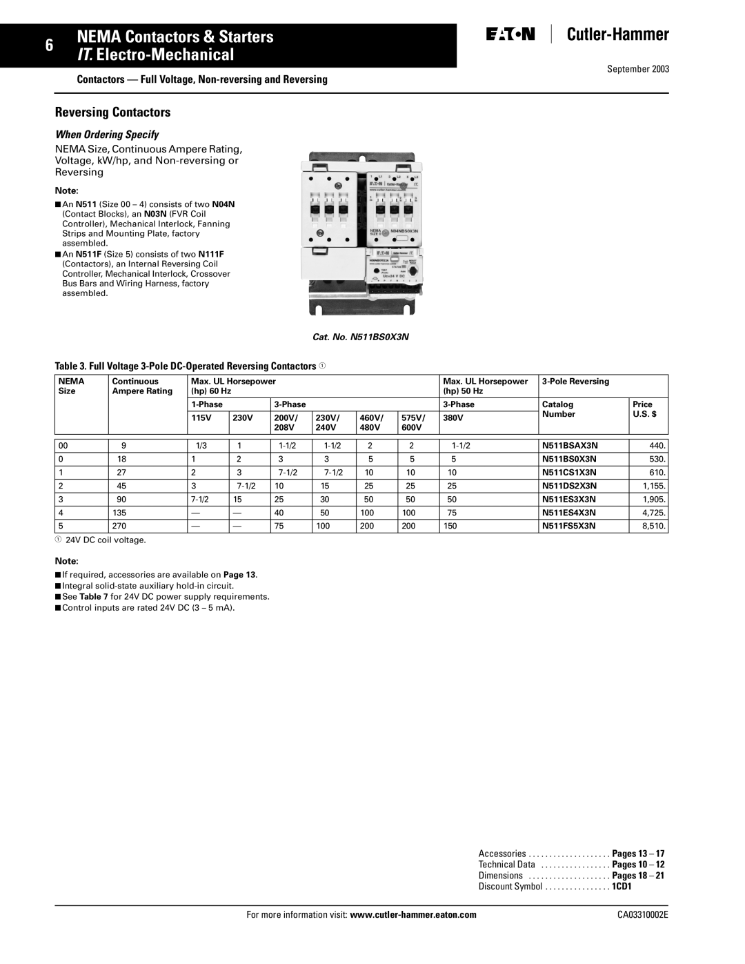 Eaton Electrical CA03310002E manual Full Voltage 3-Pole DC-Operated Reversing Contactors, N511BSAX3N 