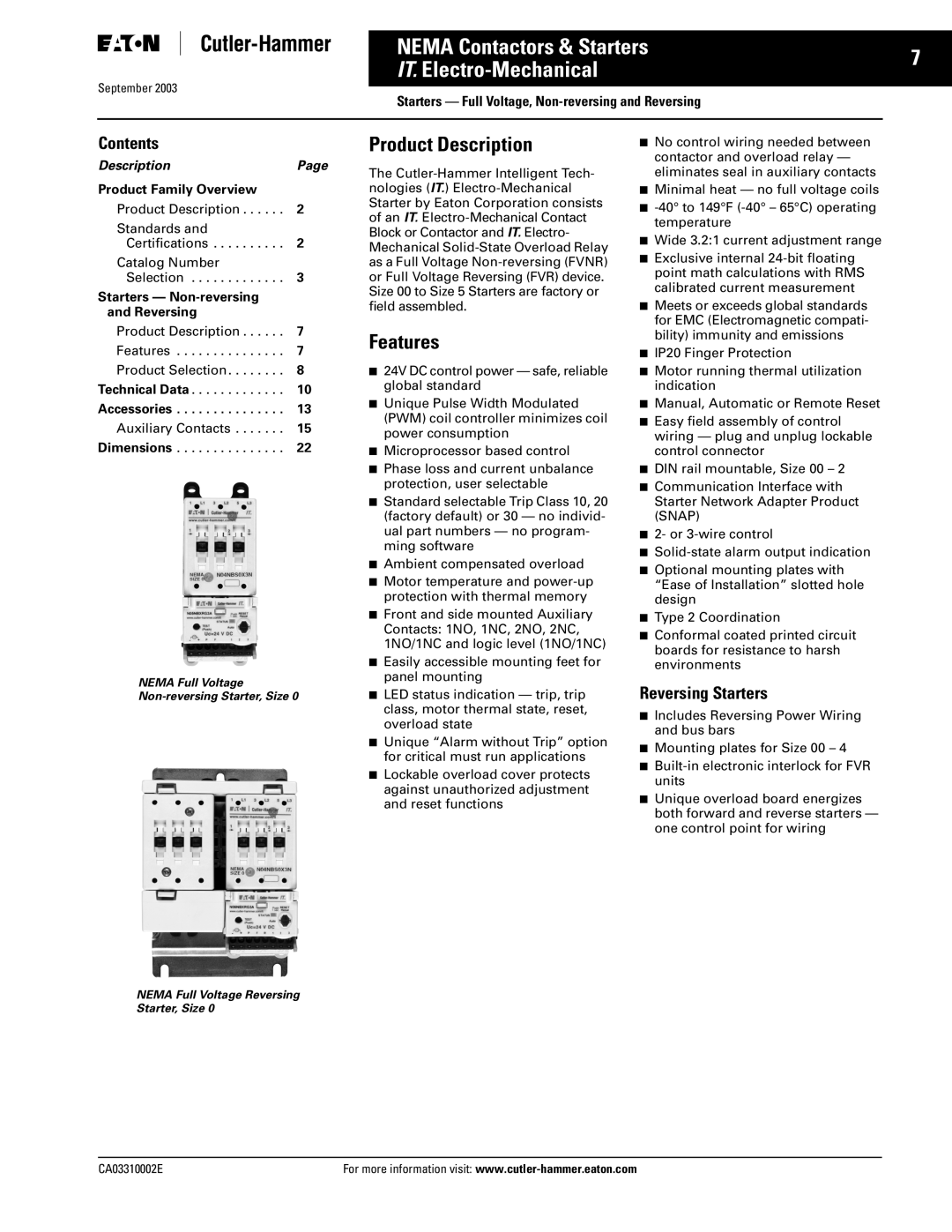 Eaton Electrical CA03310002E manual Reversing Starters, Starters Non-reversing and Reversing 