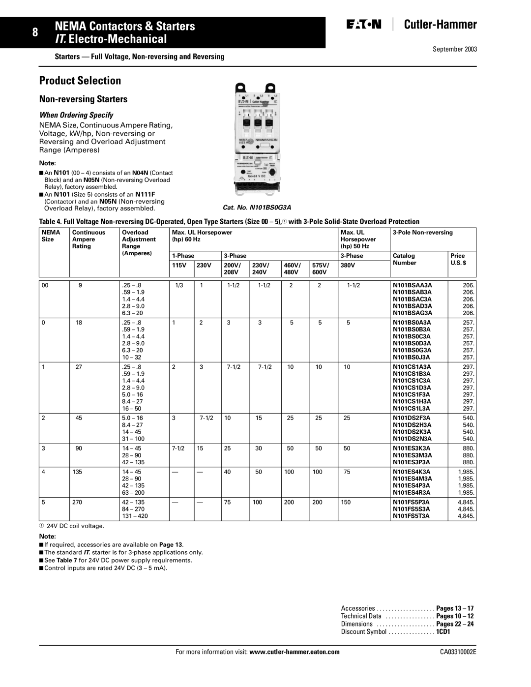 Eaton Electrical CA03310002E manual Non-reversing Starters, With 3-Pole Solid-State Overload Protection 