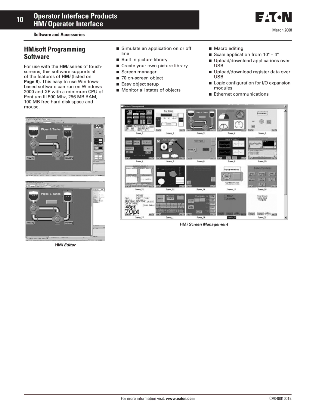 Eaton Electrical CA04801001E manual HMisoft Programming Software, Software and Accessories 