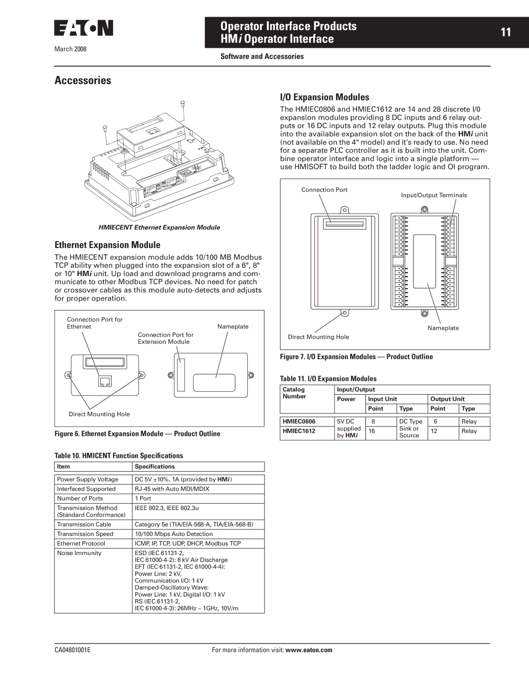 Eaton Electrical CA04801001E manual Operator Interface Products HMi Operator Interface, Expansion Modules, HMIEC0806 5V DC 