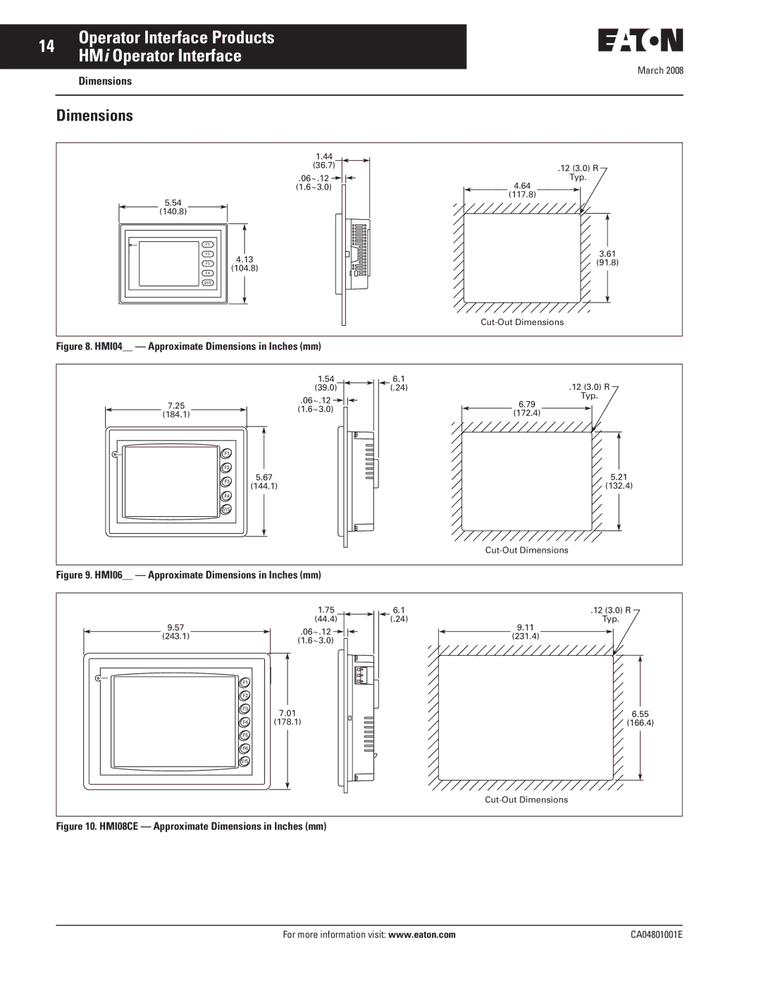 Eaton Electrical CA04801001E manual HMI04 Approximate Dimensions in Inches mm 