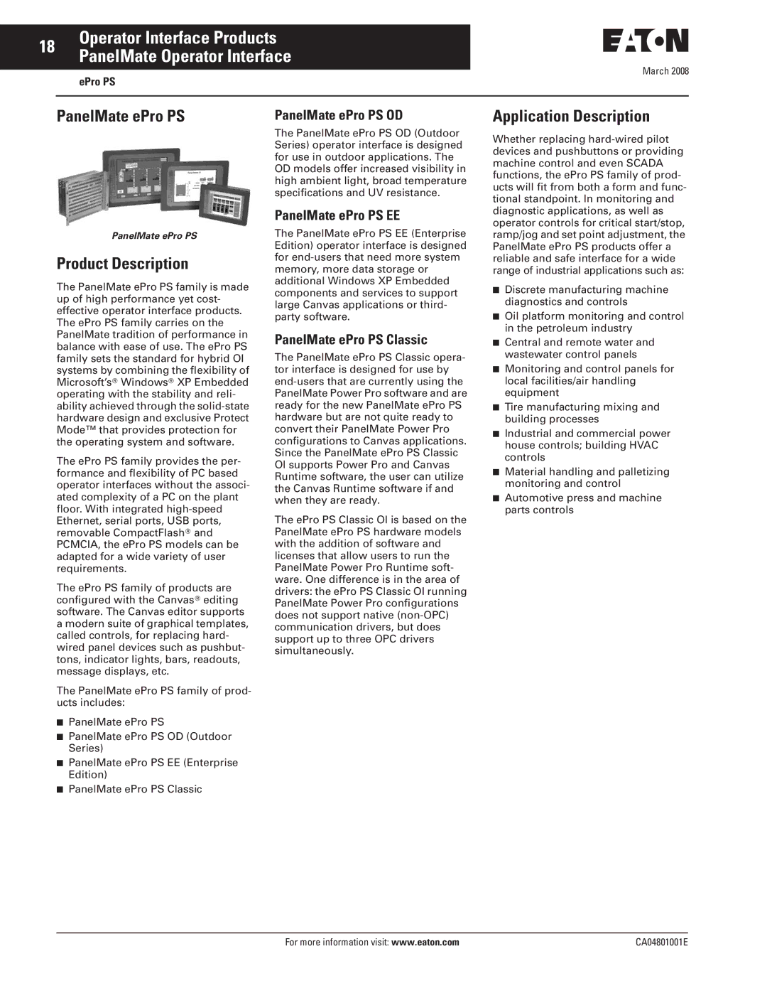 Eaton Electrical CA04801001E manual Application Description, PanelMate ePro PS OD, PanelMate ePro PS EE 