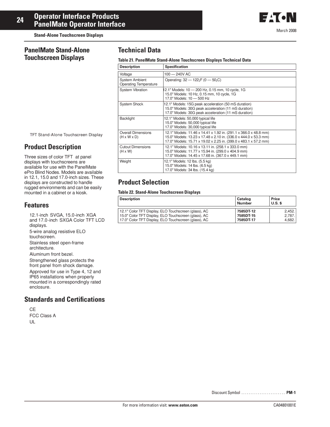 Eaton Electrical CA04801001E manual PanelMate Stand-Alone Touchscreen Displays 