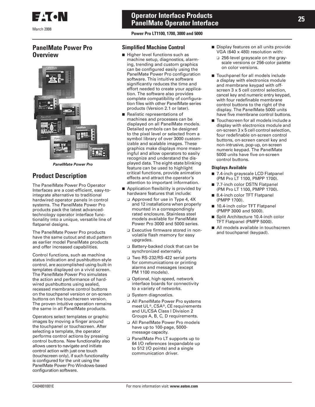 Eaton Electrical CA04801001E manual PanelMate Power Pro Overview, Simpliﬁed Machine Control, Power Pro LT1100, 1700, 3000 