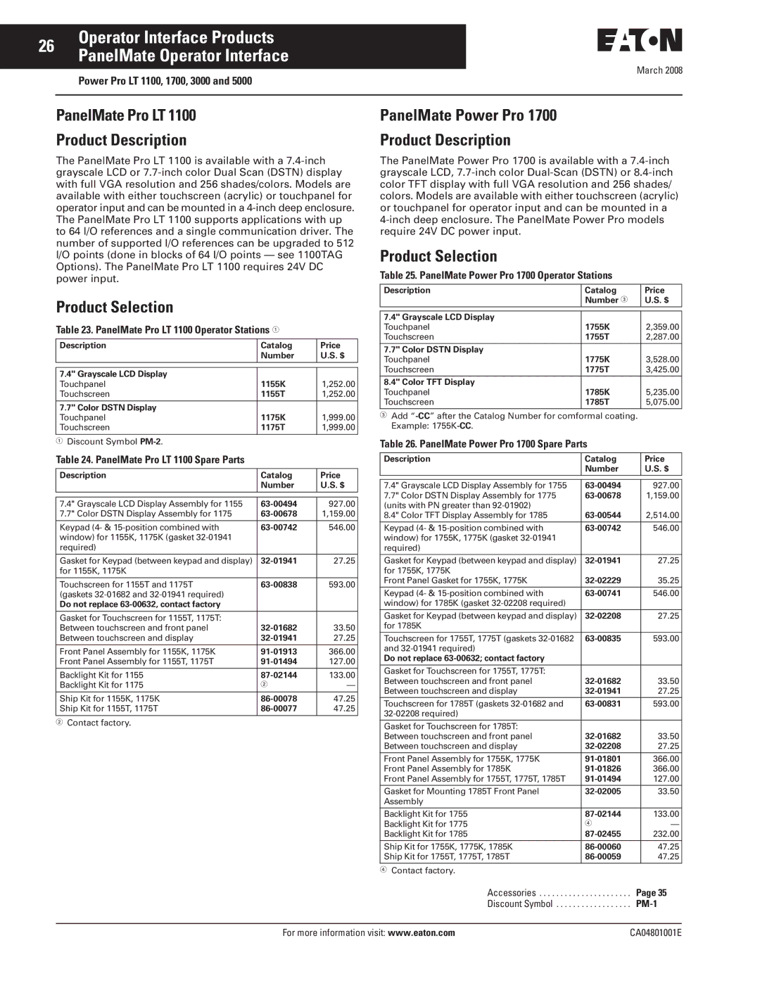 Eaton Electrical CA04801001E manual PanelMate Pro LT Product Description, PanelMate Power Pro Product Description 