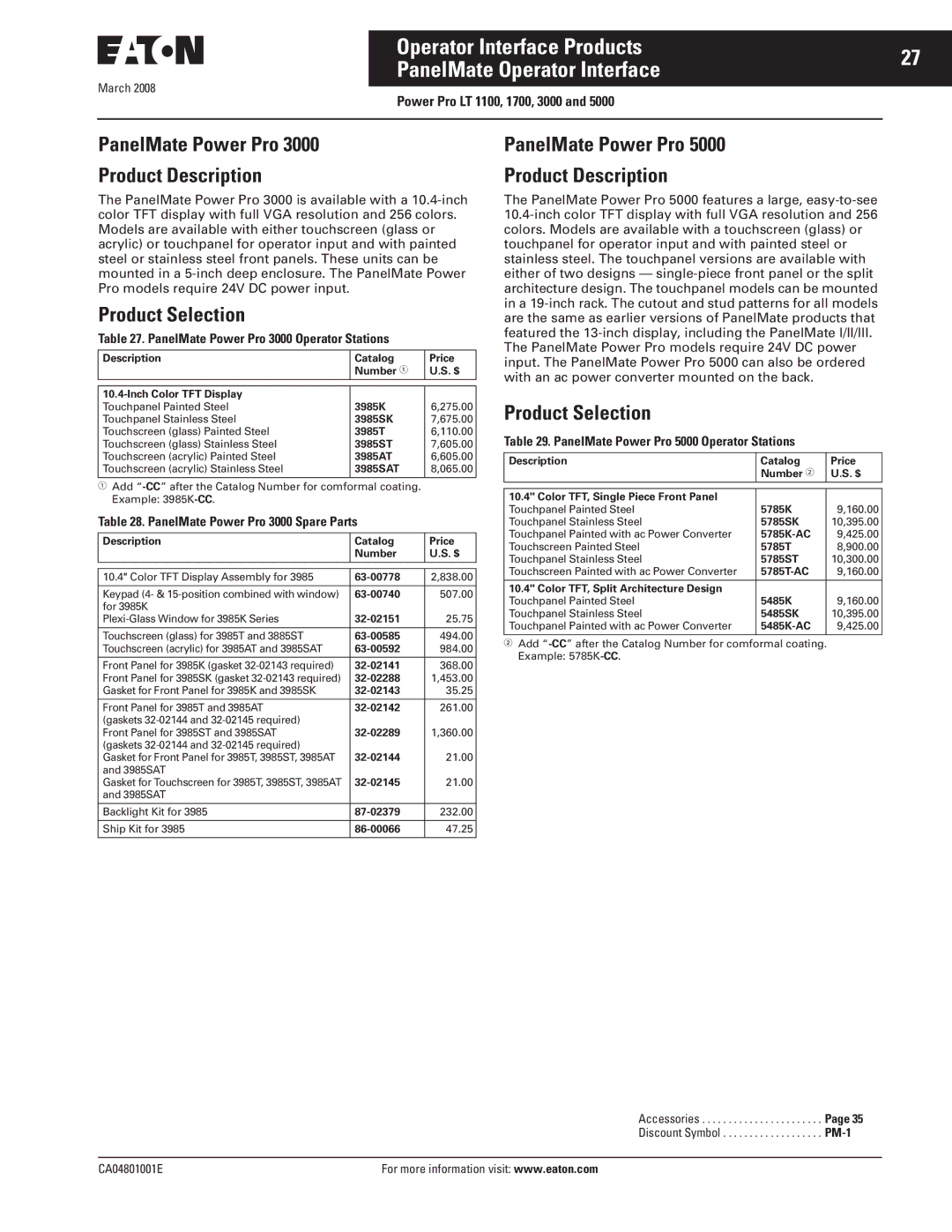 Eaton Electrical CA04801001E manual PanelMate Power Pro 3000 Operator Stations, PanelMate Power Pro 3000 Spare Parts 