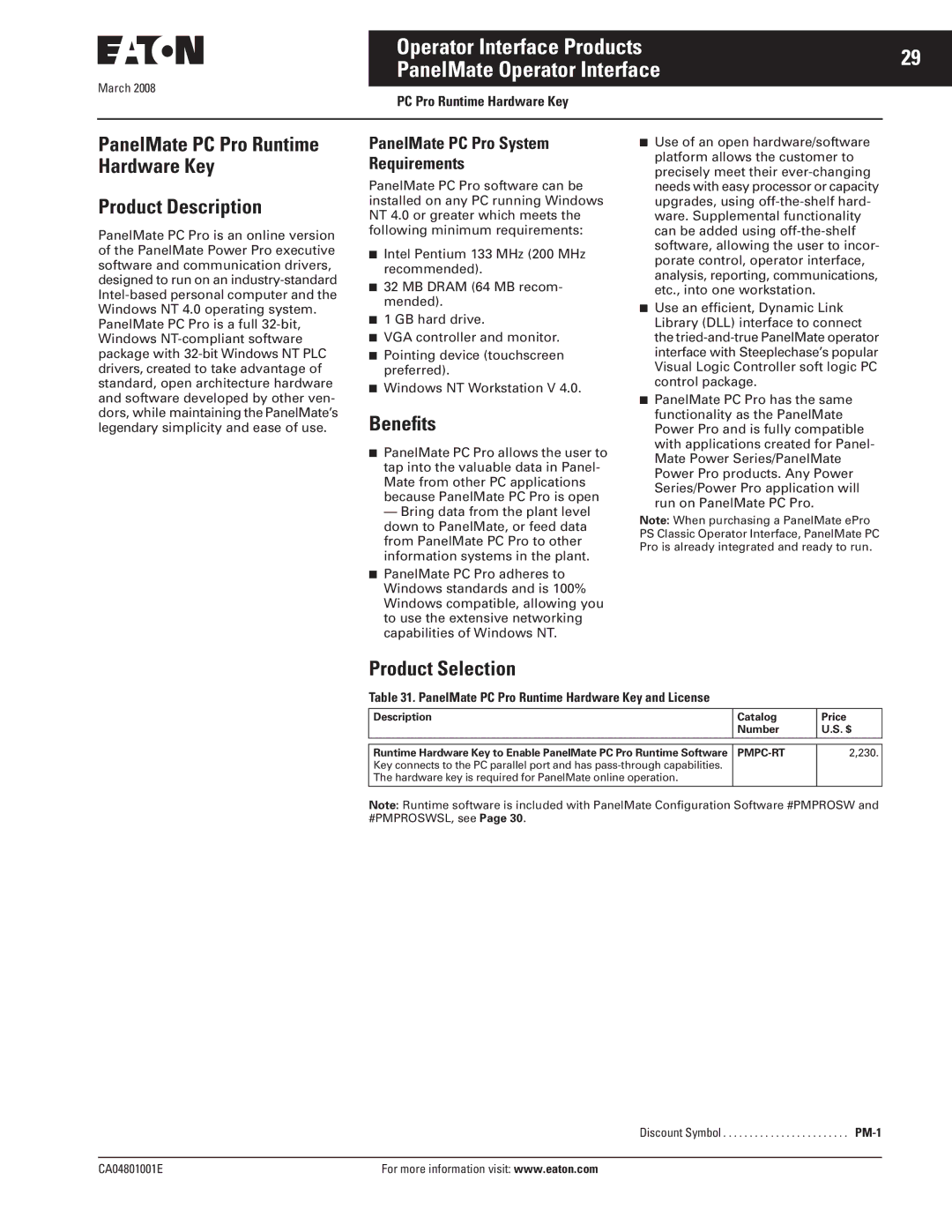 Eaton Electrical CA04801001E manual PanelMate PC Pro Runtime Hardware Key Product Description, Beneﬁts 