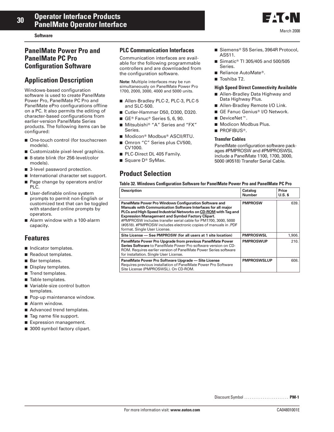 Eaton Electrical CA04801001E manual PLC Communication Interfaces, Software, High Speed Direct Connectivity Available 