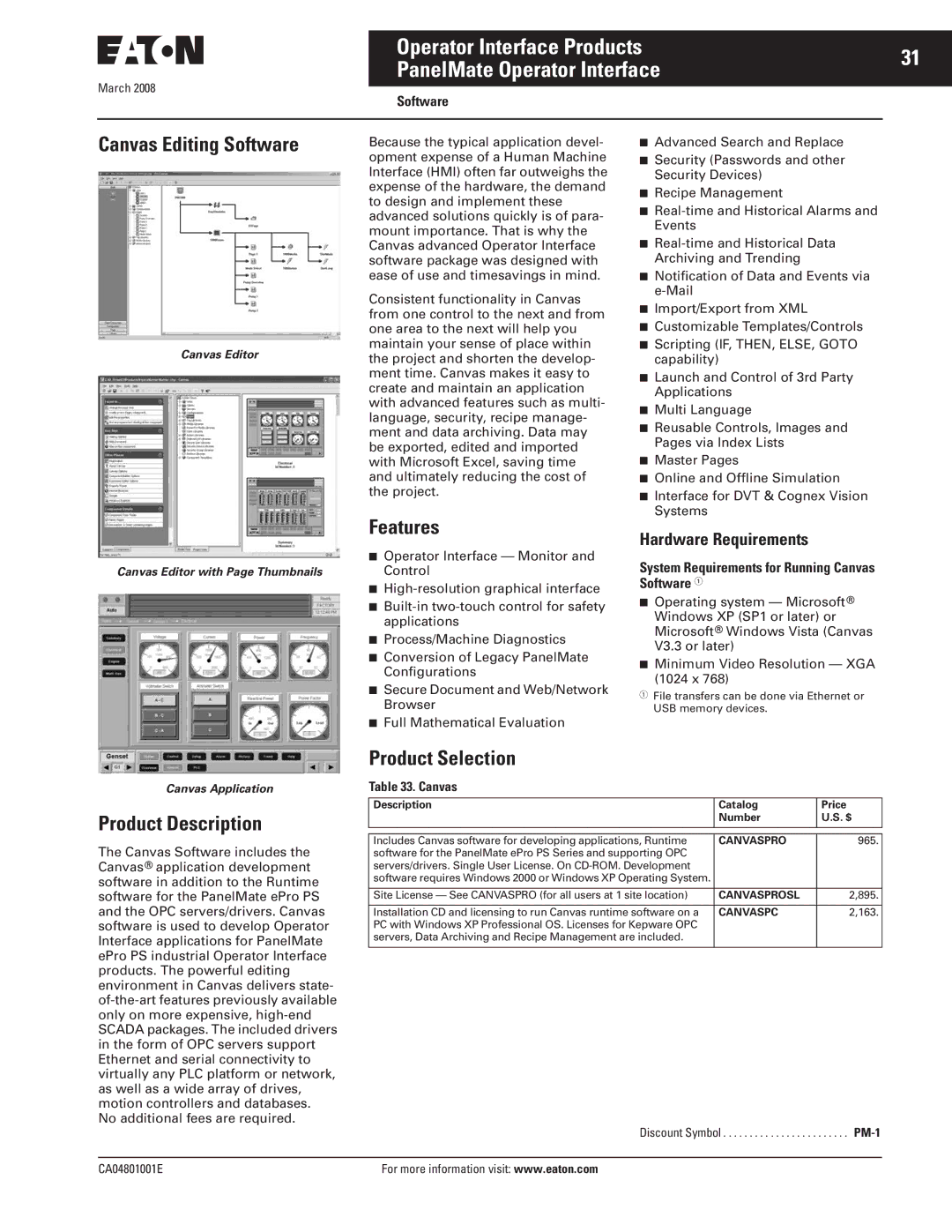 Eaton Electrical CA04801001E manual Canvas Editing Software, Hardware Requirements 