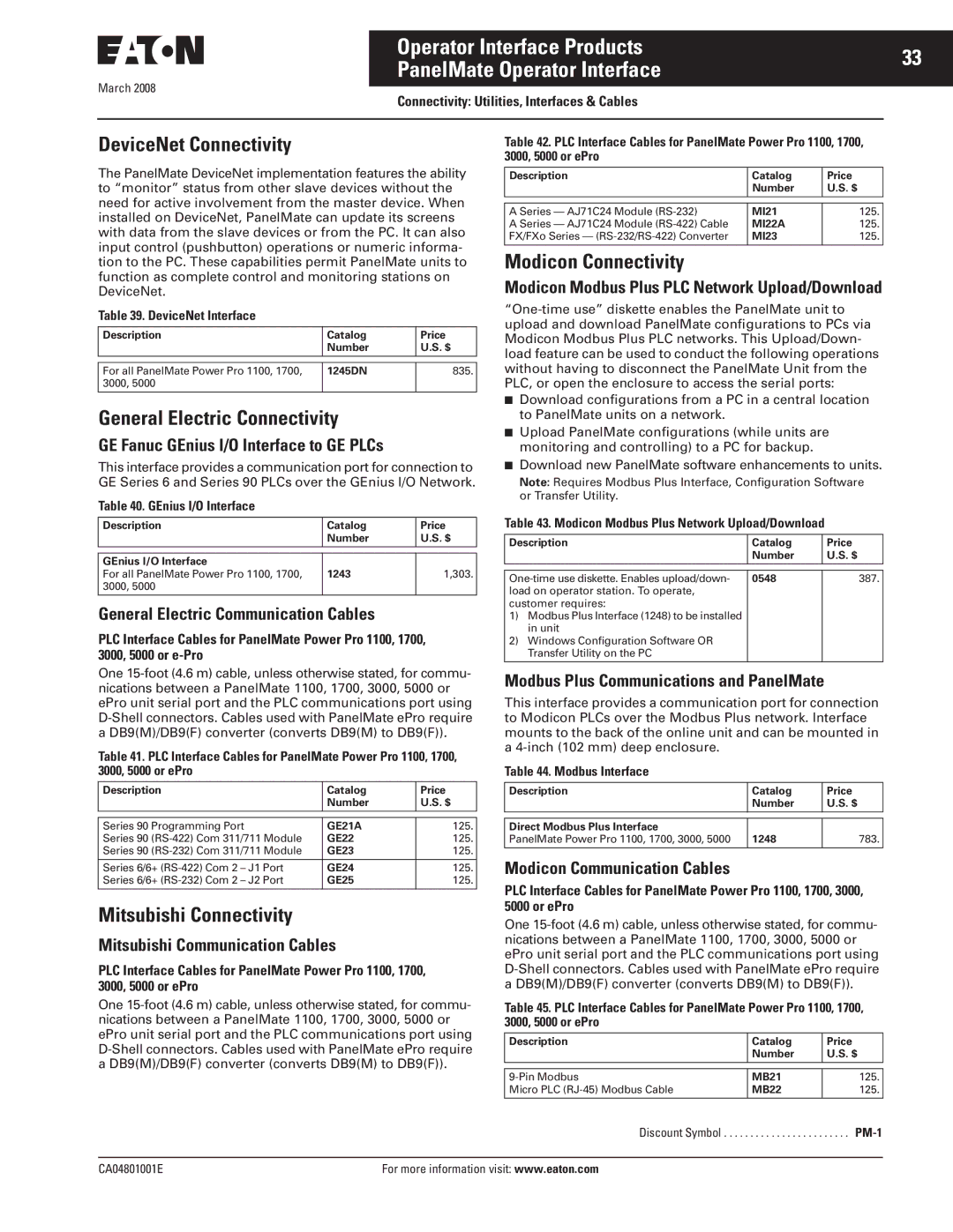 Eaton Electrical CA04801001E manual DeviceNet Connectivity, General Electric Connectivity, Mitsubishi Connectivity 