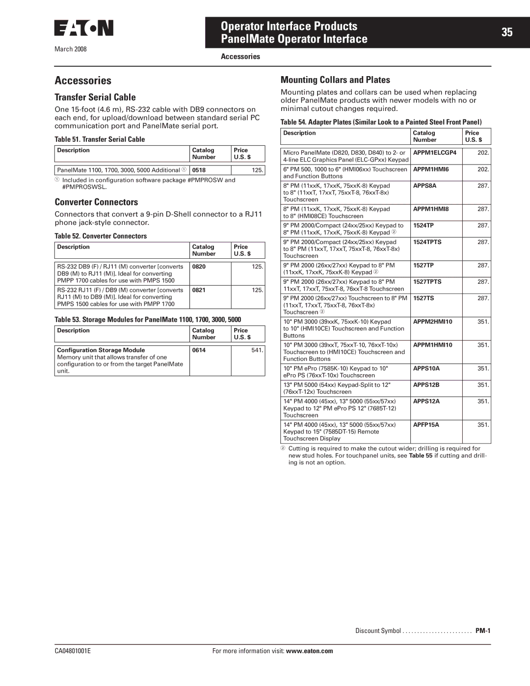 Eaton Electrical CA04801001E manual Transfer Serial Cable, Converter Connectors, Mounting Collars and Plates, Accessories 