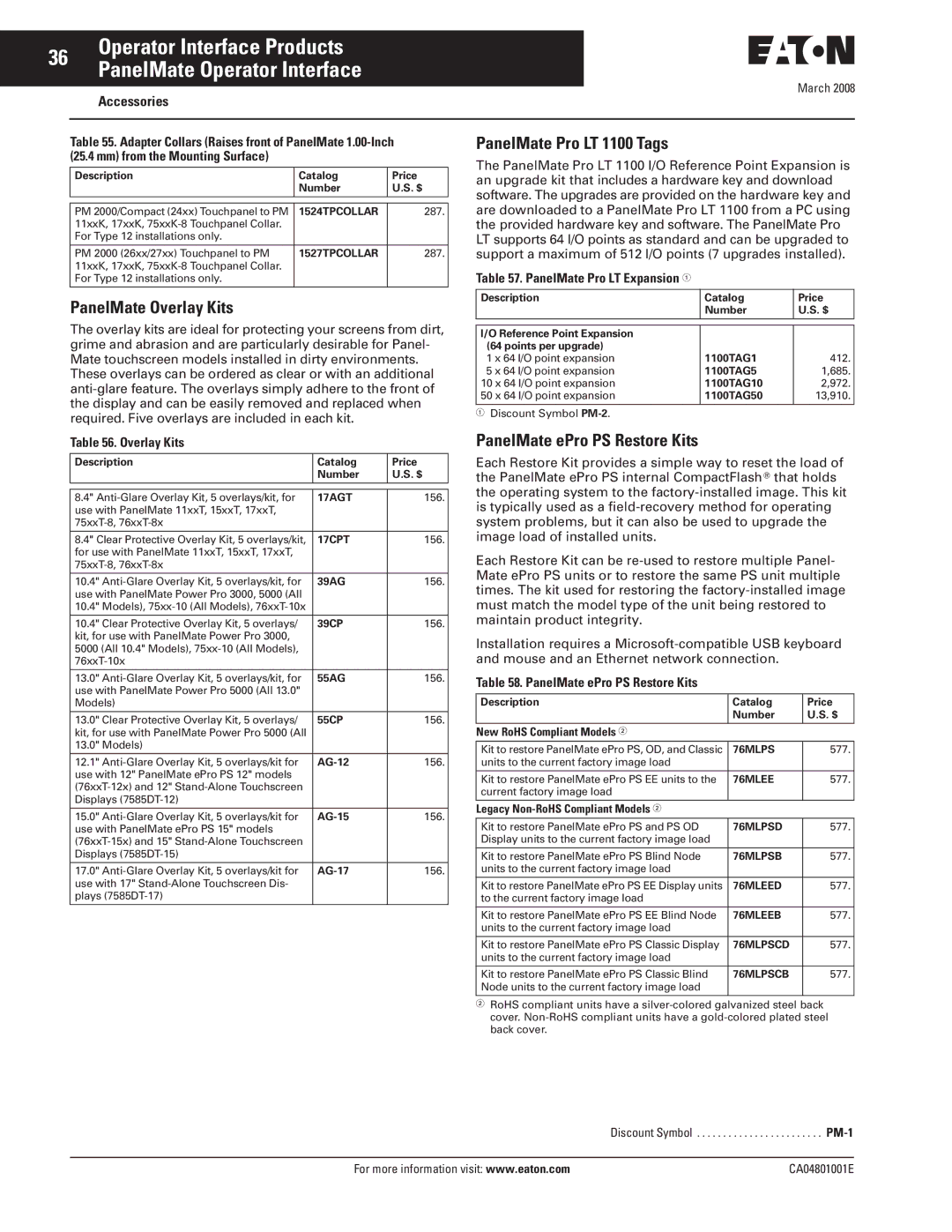 Eaton Electrical CA04801001E manual PanelMate Overlay Kits, PanelMate Pro LT 1100 Tags, PanelMate ePro PS Restore Kits 