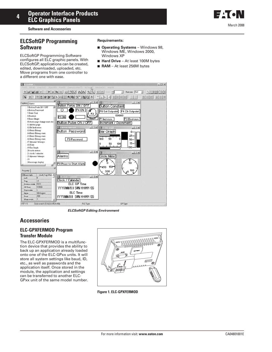 Eaton Electrical CA04801001E manual ELC-GPXFERMOD Program Transfer Module, Software and Accessories 