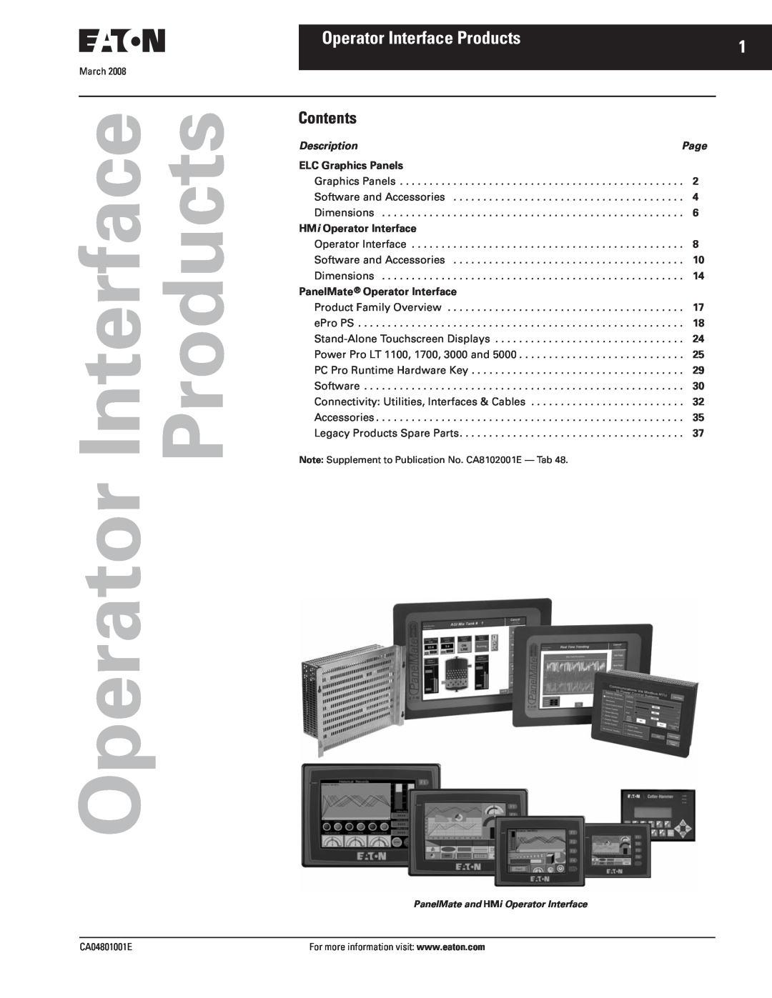 Eaton Electrical CA04801001E manual Operator Interface Products, Contents, Description, ELC Graphics Panels 