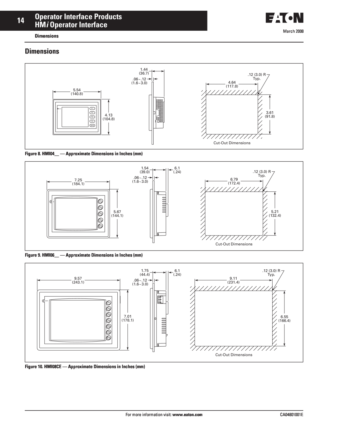Eaton Electrical CA04801001E manual Dimensions, Operator Interface Products HMi Operator Interface 