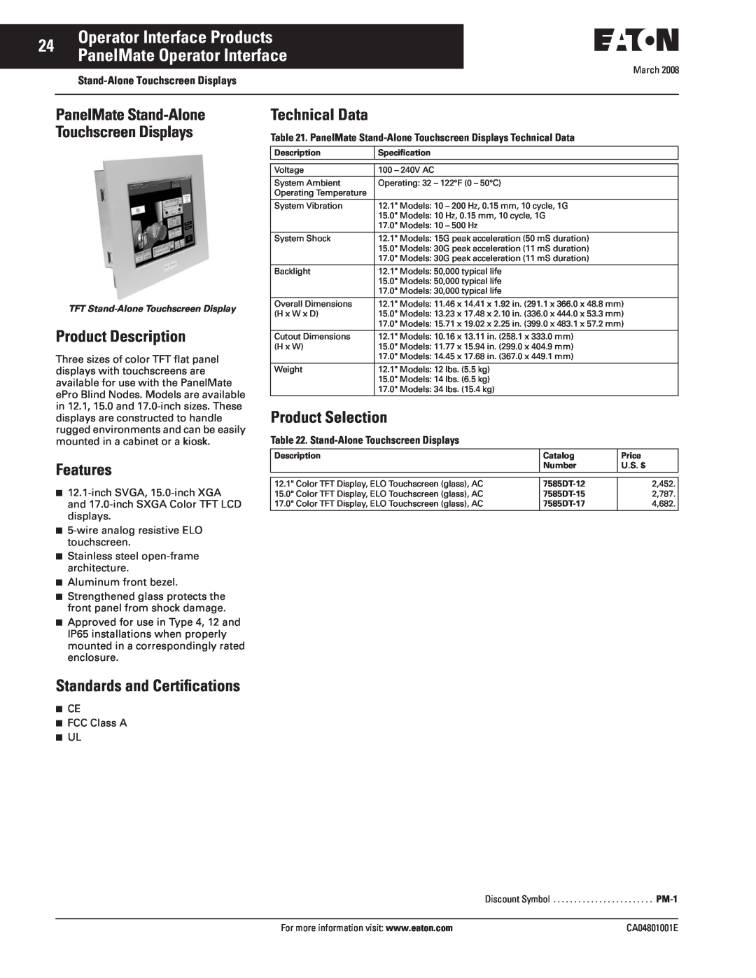 Eaton Electrical CA04801001E manual Operator Interface Products PanelMate Operator Interface, Product Description, Features 