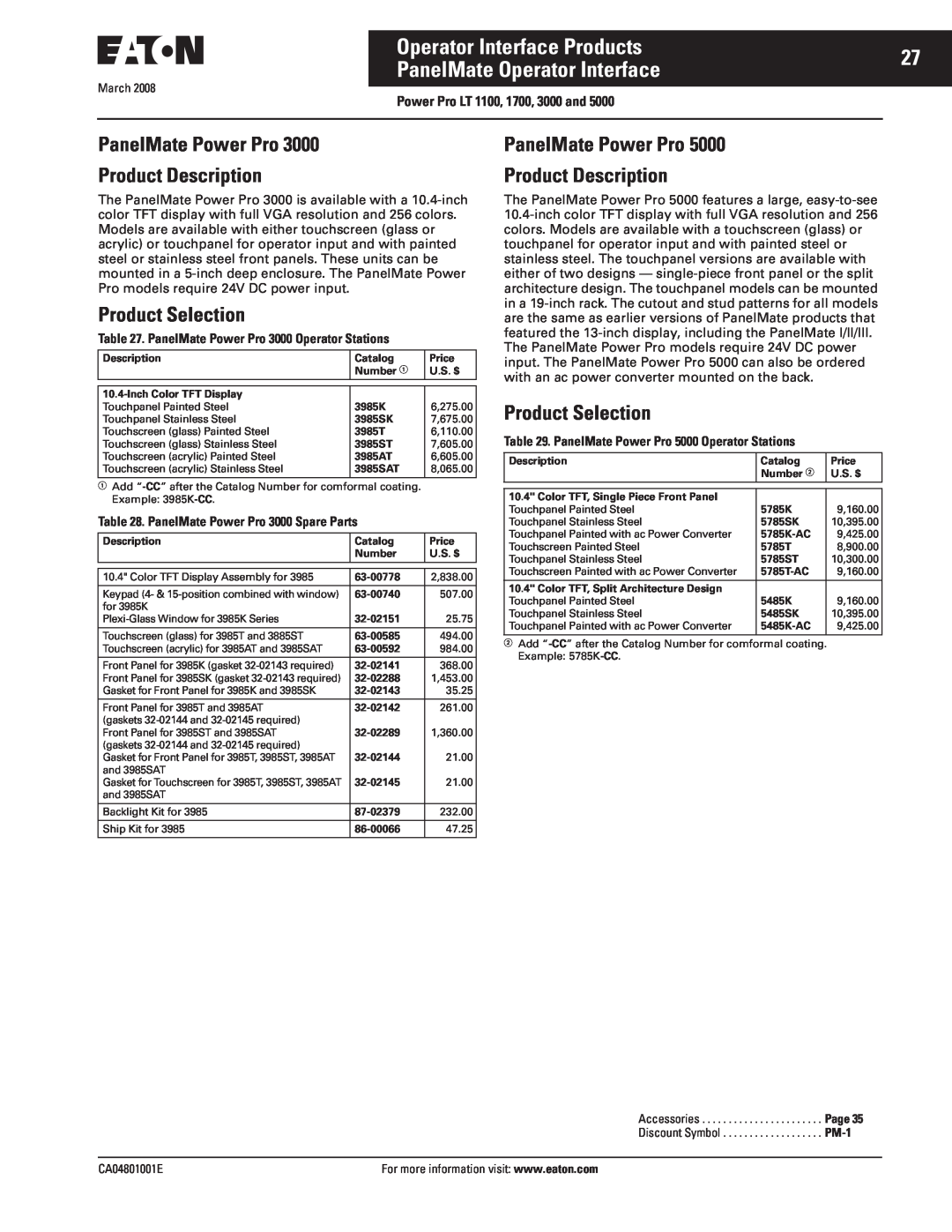 Eaton Electrical CA04801001E manual Operator Interface Products, PanelMate Operator Interface, Product Selection, March 