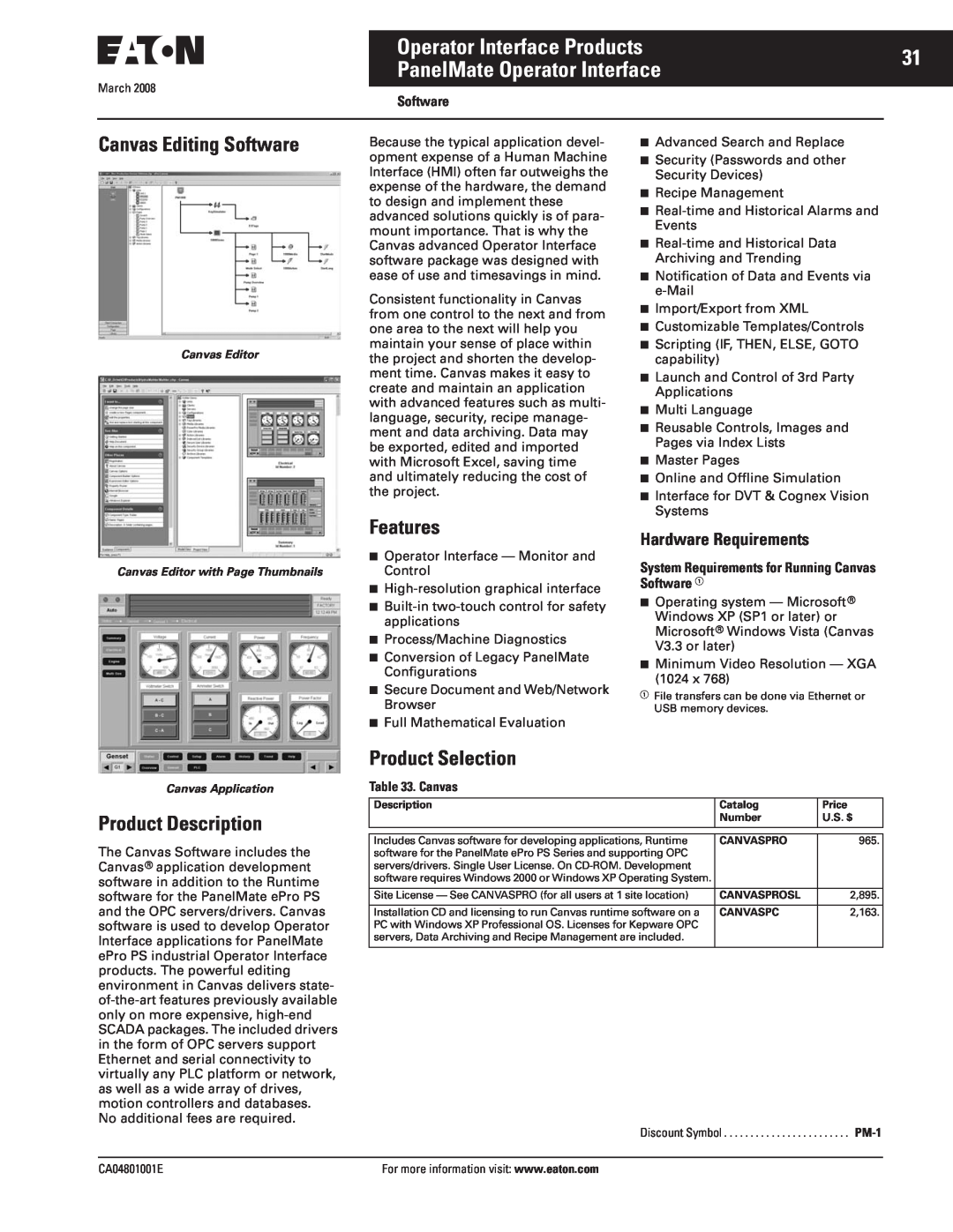 Eaton Electrical CA04801001E Canvas Editing Software, Hardware Requirements, Operator Interface Products, Features, March 