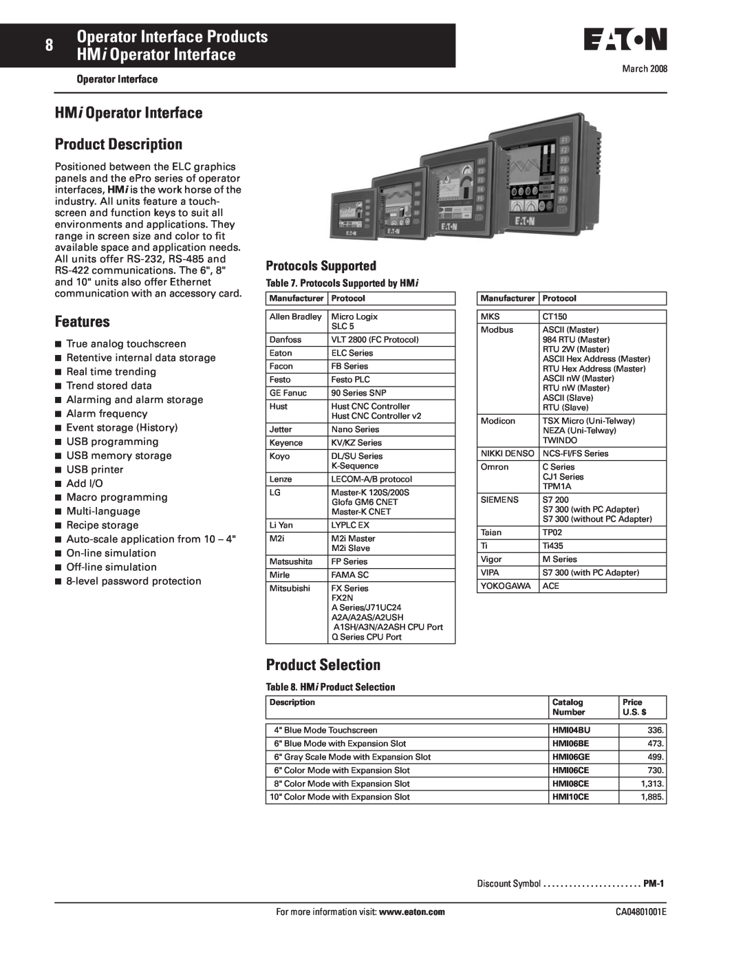 Eaton Electrical CA04801001E HMi Operator Interface Product Description, Features, Product Selection, Protocols Supported 