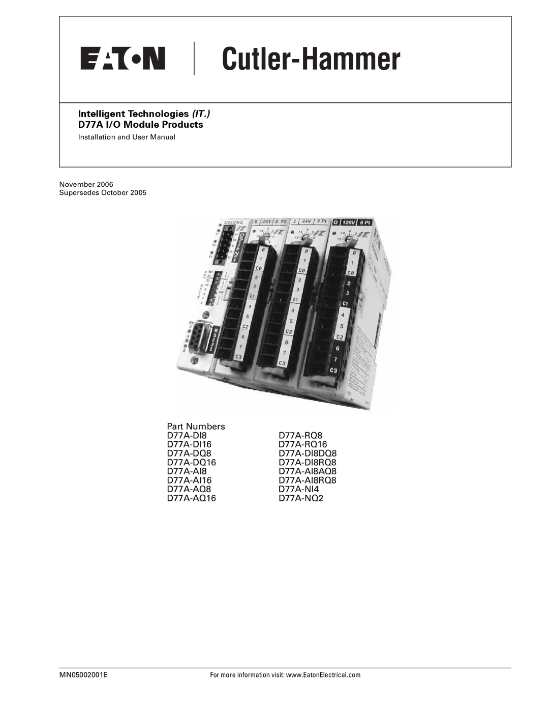 Eaton Electrical user manual Intelligent Technologies IT D77A I/O Module Products, D77A-AI8D77A-AI8AQ8 