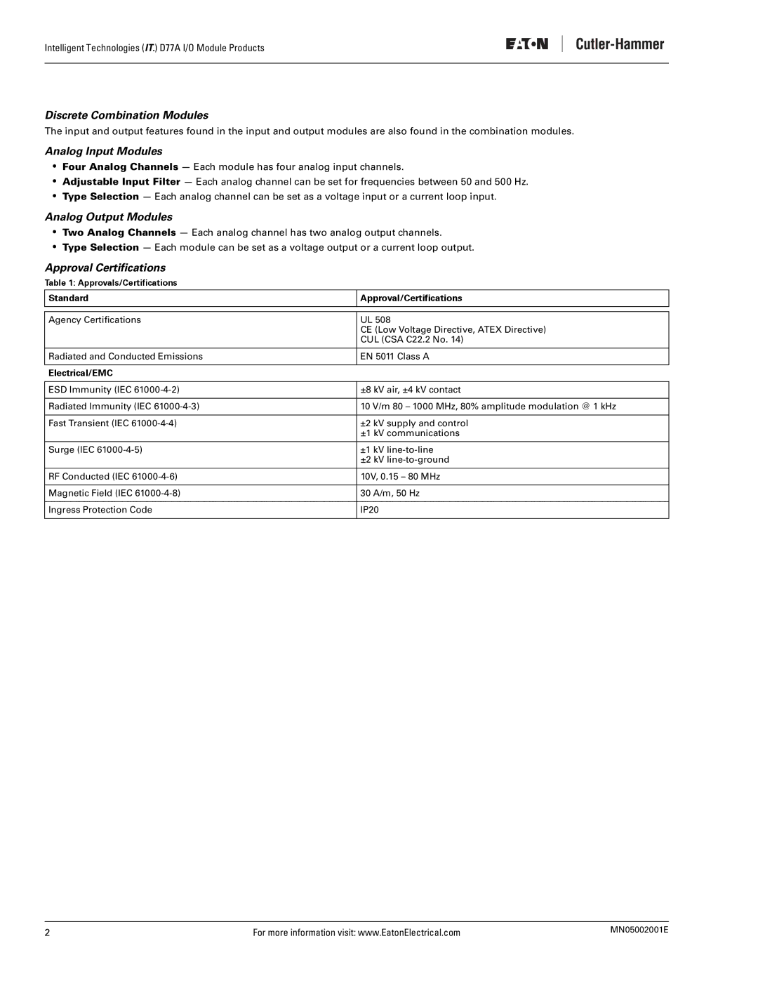 Eaton Electrical D77A Discrete Combination Modules, Analog Input Modules, Analog Output Modules, Approval Certifications 