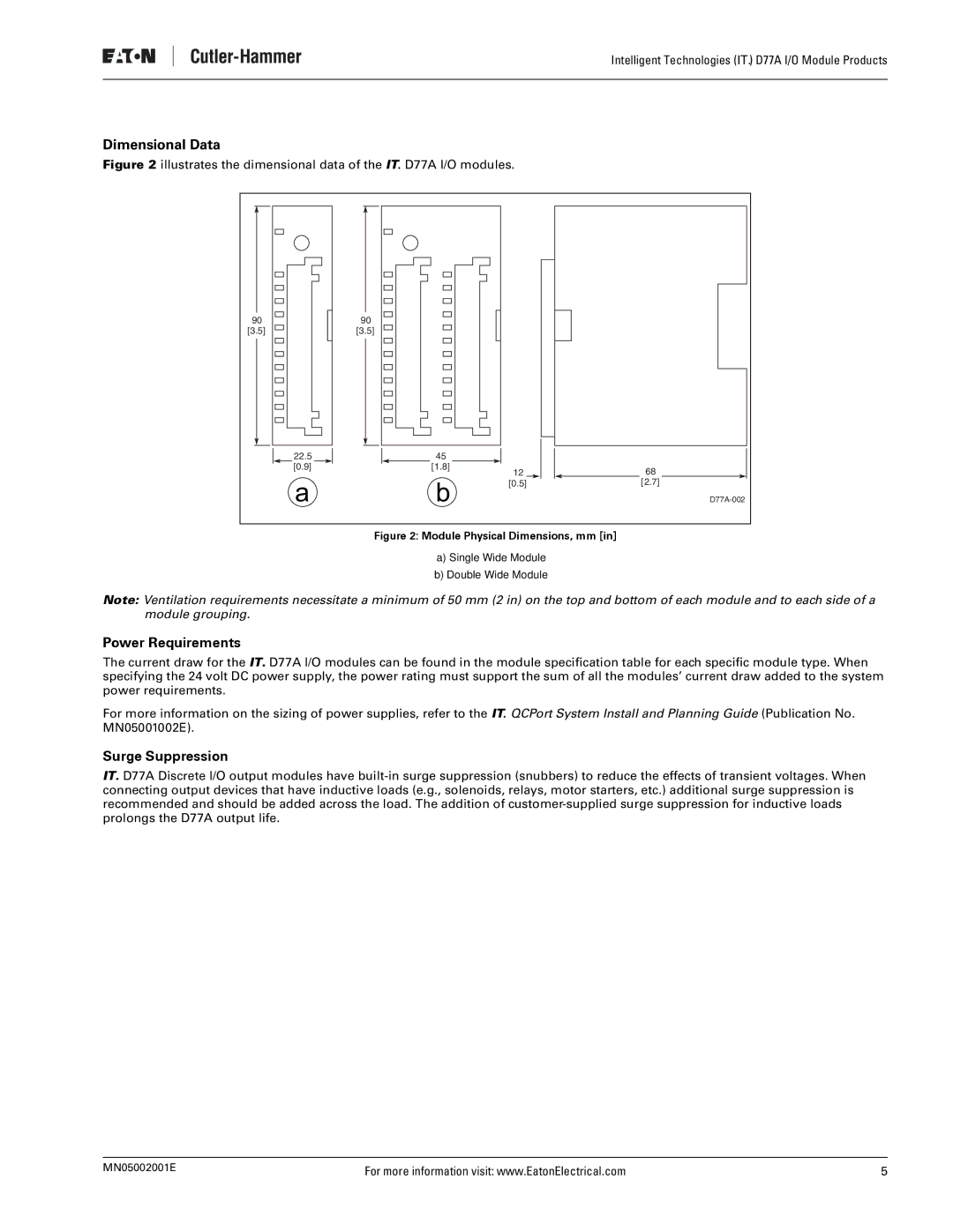 Eaton Electrical D77A user manual Dimensional Data, Power Requirements, Surge Suppression 