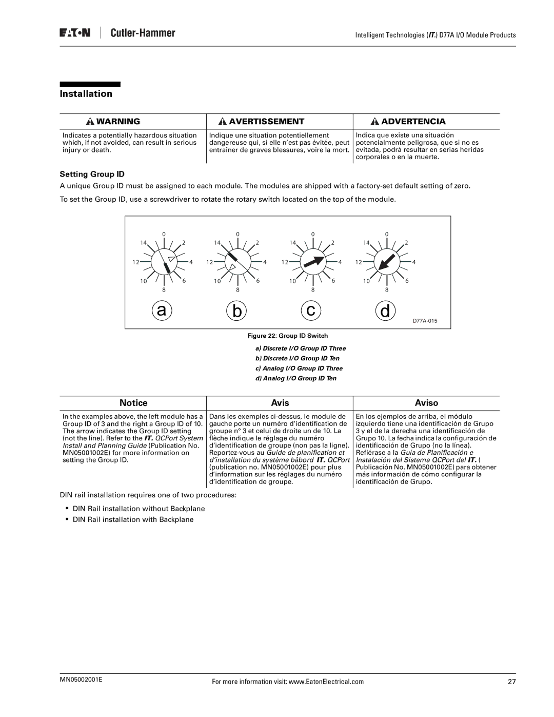 Eaton Electrical D77A user manual Installation, Setting Group ID 