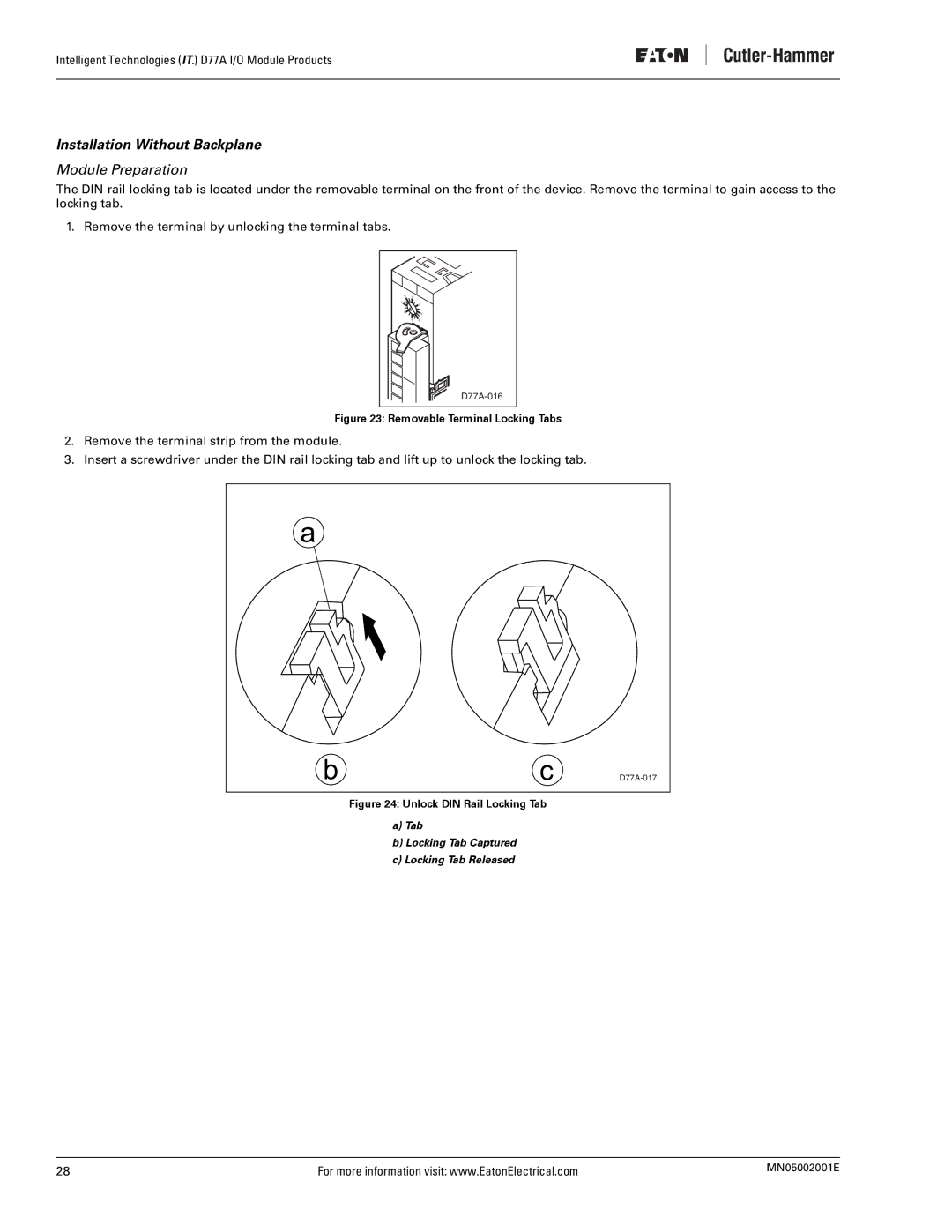 Eaton Electrical D77A user manual Installation Without Backplane, Module Preparation 