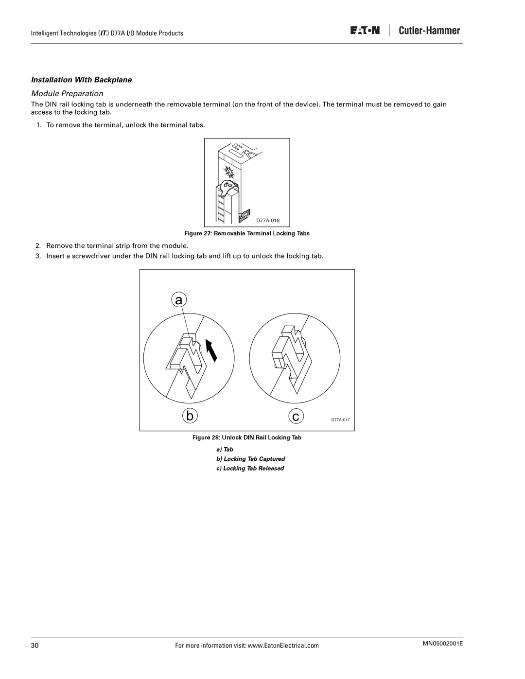 Eaton Electrical D77A user manual Installation With Backplane 