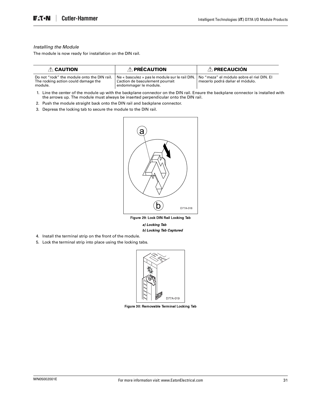 Eaton Electrical D77A user manual Do not rock the module onto the DIN rail 