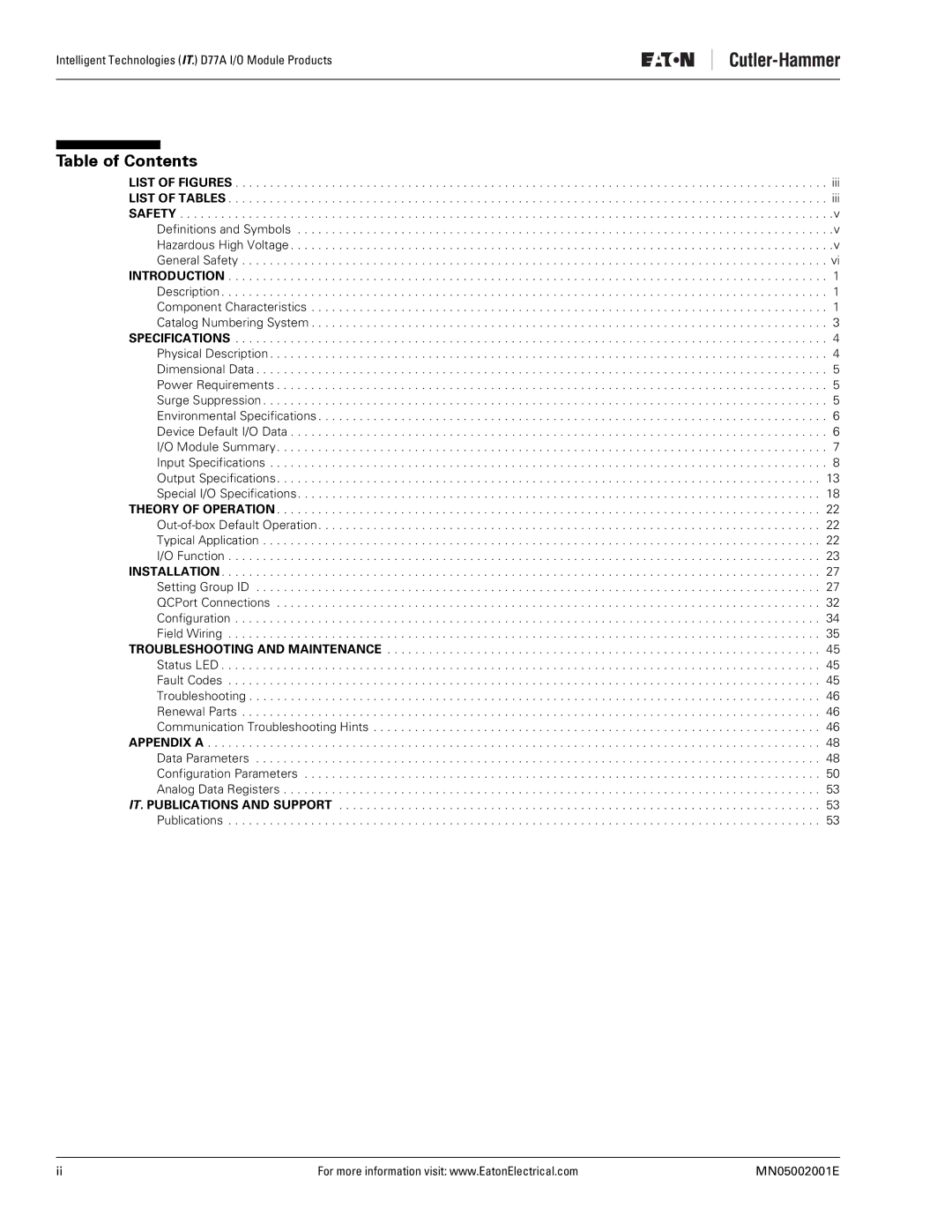 Eaton Electrical D77A user manual Table of Contents 