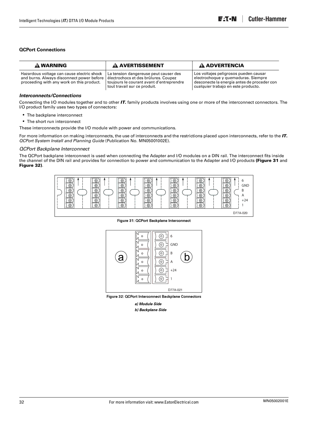 Eaton Electrical D77A user manual QCPort Connections, Interconnects/Connections 