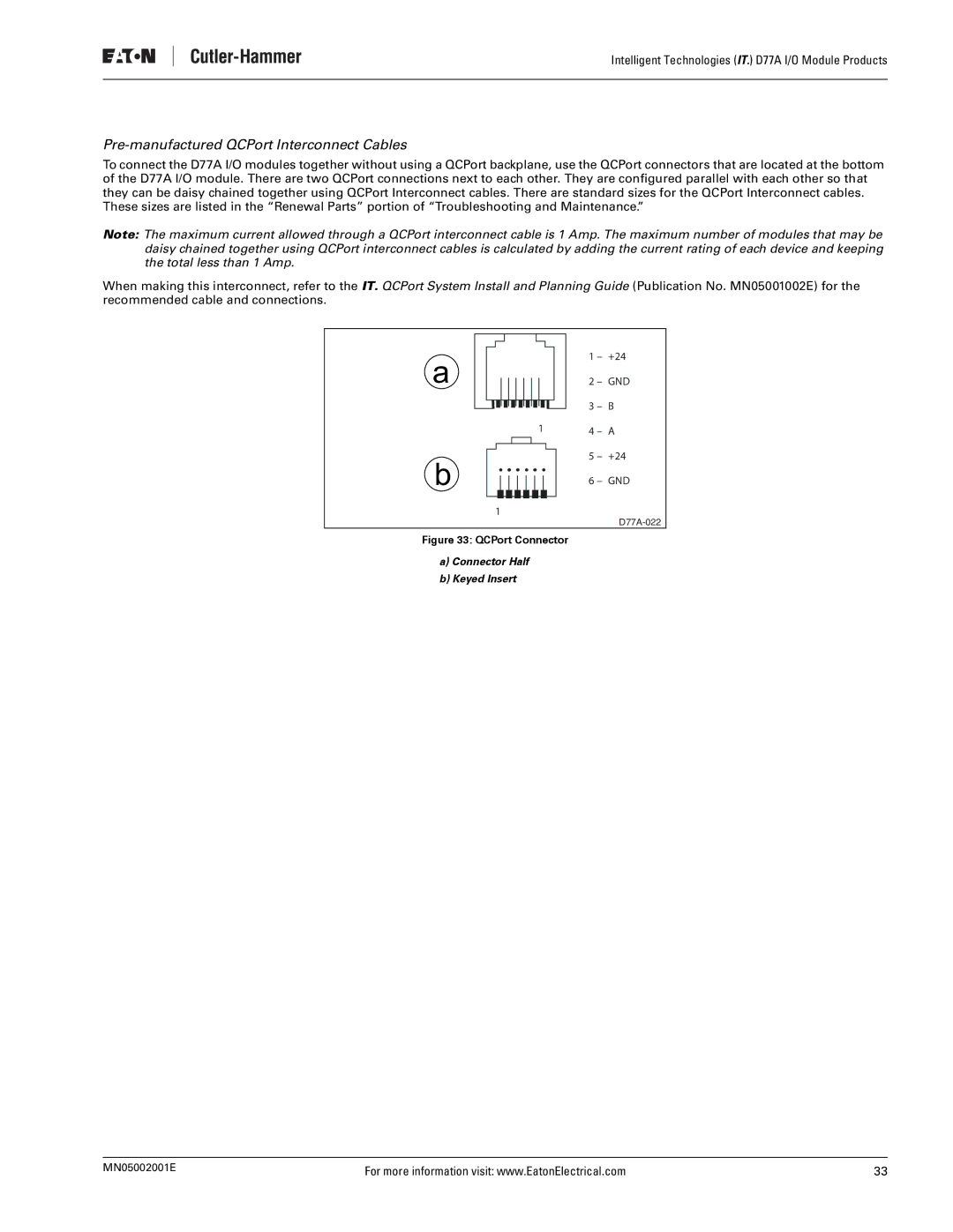 Eaton Electrical D77A user manual Pre-manufactured QCPort Interconnect Cables 