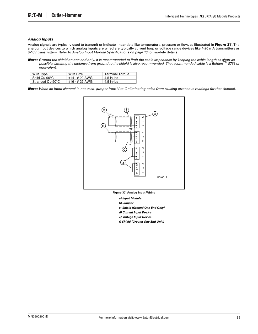 Eaton Electrical D77A user manual Analog Inputs, Analog Input Wiring 