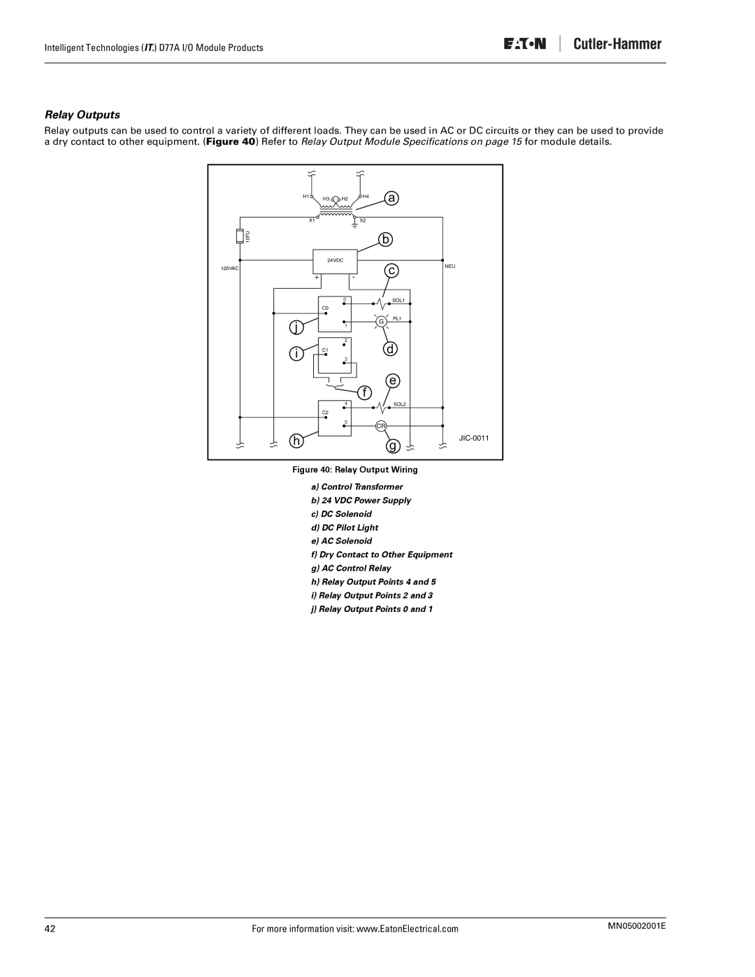 Eaton Electrical D77A user manual Relay Outputs, Relay Output Wiring 