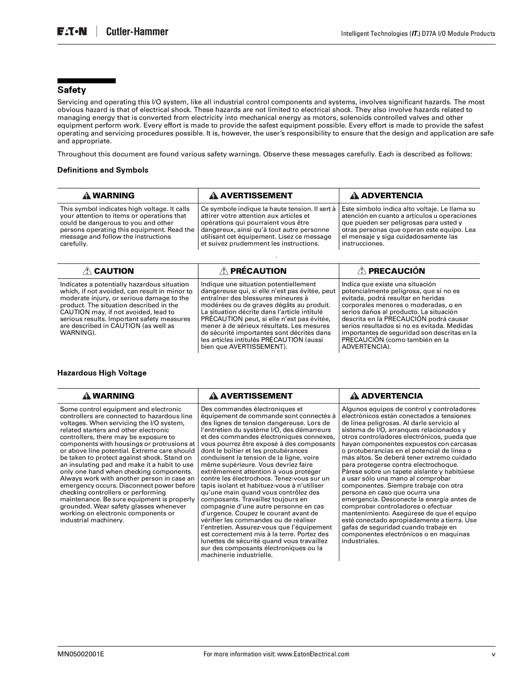 Eaton Electrical D77A user manual Safety, Definitions and Symbols, Hazardous High Voltage 