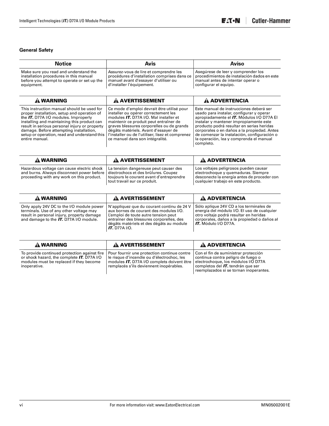 Eaton Electrical D77A user manual Avis Aviso, General Safety 